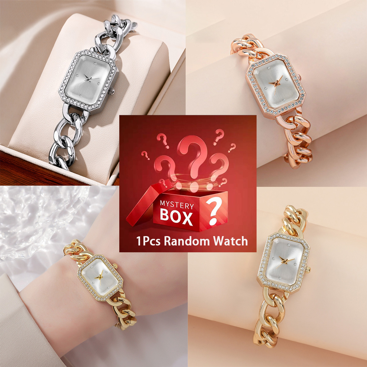 Luxury Watch Hand - กล่องสุ่มประกอบด้วยนาฬิกาควอตซ์สีสุ่ม 1 เรือน พร้อมสายข้อมือ นาฬิกาข้อมือกรอบเพชร นาฬิกาแบบกล่องสุ่ม