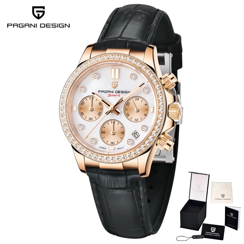 Luxury Watch Quartz - PAGANI DESIGN นาฬิกาผู้หญิงหรูหราประดับเพชร สายหนังลำลอง ระบบจับเวลา กระจกแซฟไฟร์