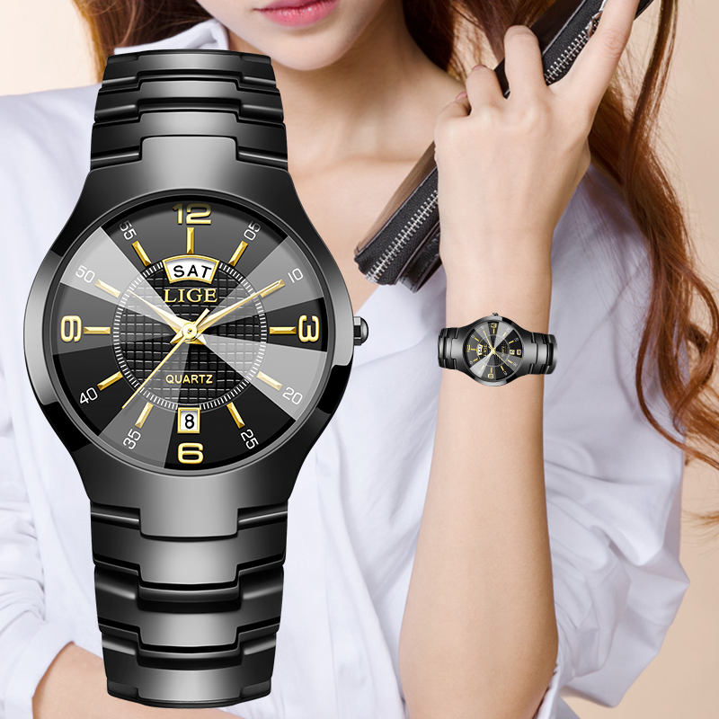 Luxury Watch Quartz - นาฬิกาข้อมือผู้หญิง LIGE แฟชั่นหรูหรา สายเซรามิก แสดงวันที่และวันในสัปดาห์ กันน้ำ