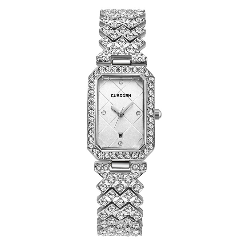 Luxury Watch Green - นาฬิกาทรงสี่เหลี่ยมแบรนด์ curdden แบบดั้งเดิมสำหรับสุภาพสตรีสายรัดอัลลอยด์แบบลำลองประดับเพชรนาฬิกาควอตซ์หรูหราสีเงิน