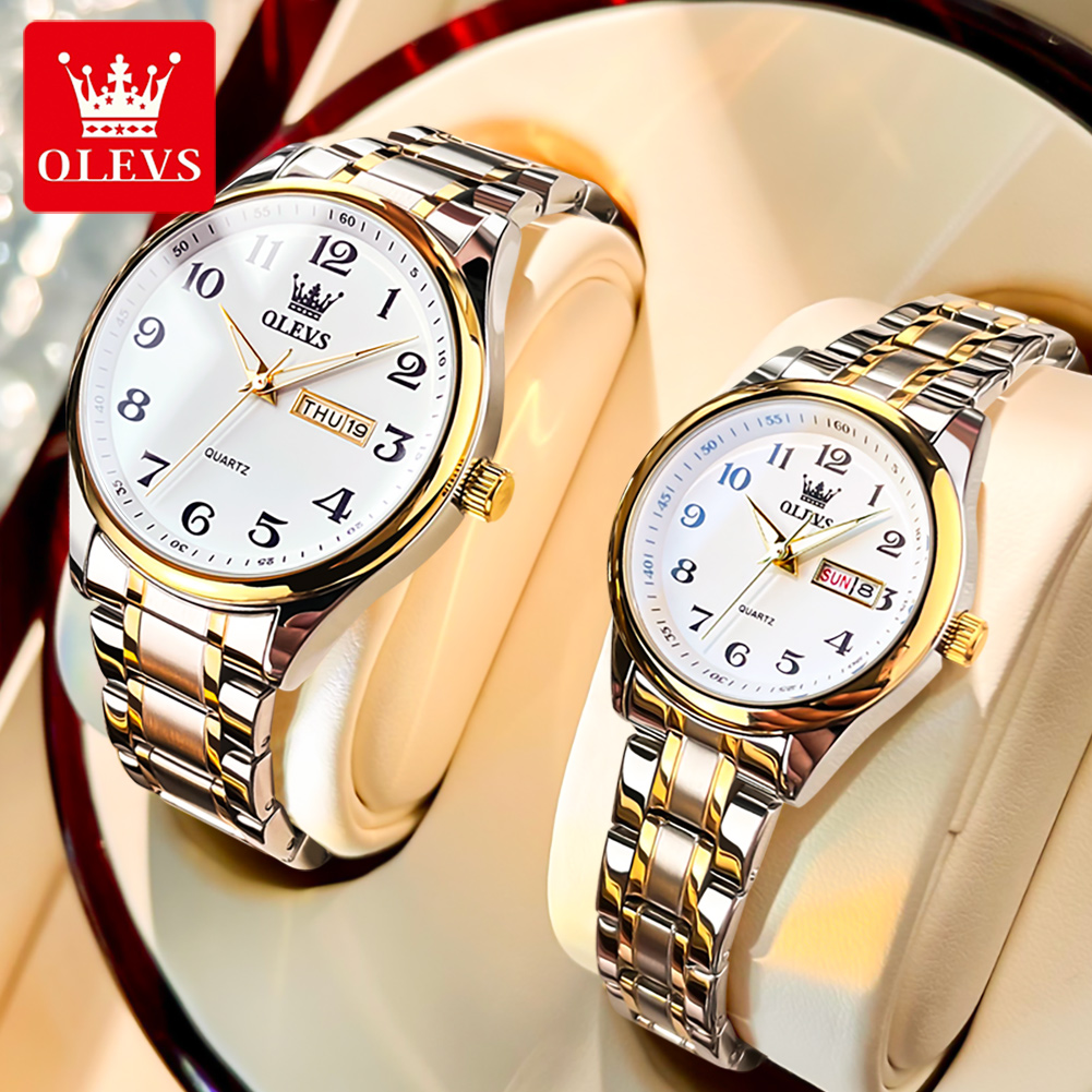 Luxury Watch Market - OLEVS ใหม่แฟชั่นคู่นาฬิกาสําหรับผู้ชายผู้หญิงสแตนเลสหรูหรานาฬิกาควอทซ์กันน้ําปฏิทินสัปดาห์คนรักนาฬิกาข้อมือ