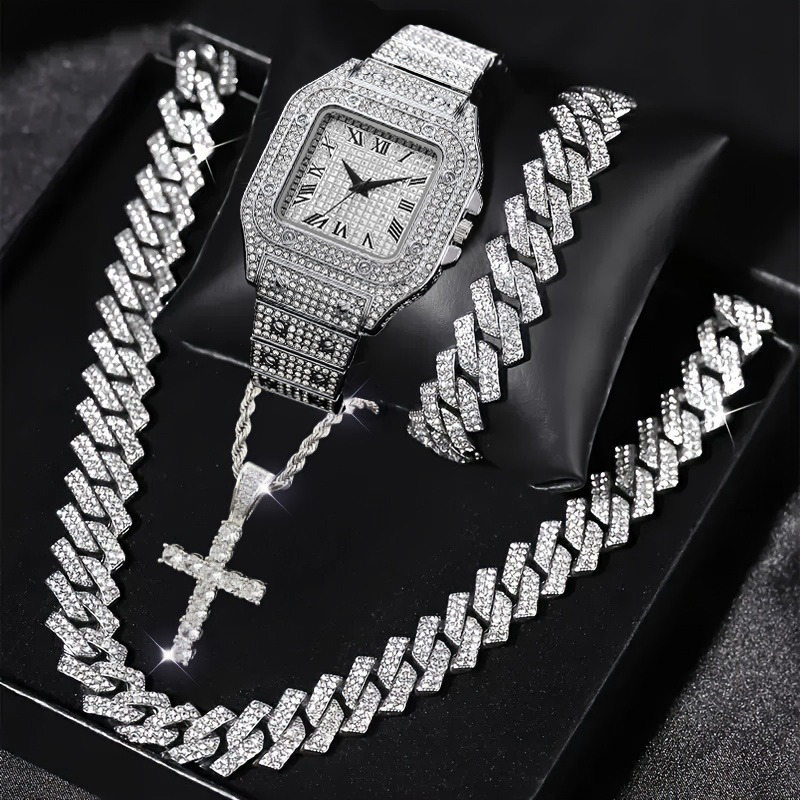 Luxury Watch Market - ชุดนาฬิกาข้อมือผู้ชายแฟชั่น 4 ชิ้น พร้อมสร้อยคอและสร้อยข้อมือแบบคิวบา ประดับเพชรหรูหรา นาฬิกาควอตซ์