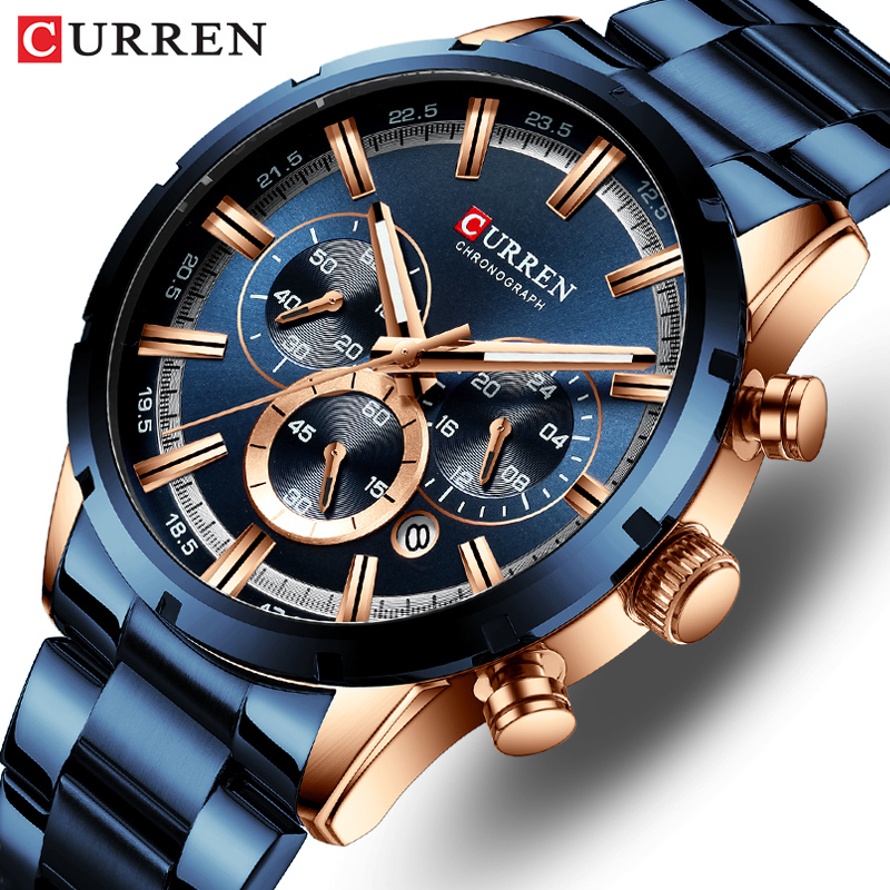 Luxury Watch Apple - Curren นาฬิกาข้อมือผู้ชายสีน้ำเงินสายสแตนเลสสายรัดเหล็กวันที่ Mens ธุรกิจชายนาฬิกากันน้ำ Luxuries Men