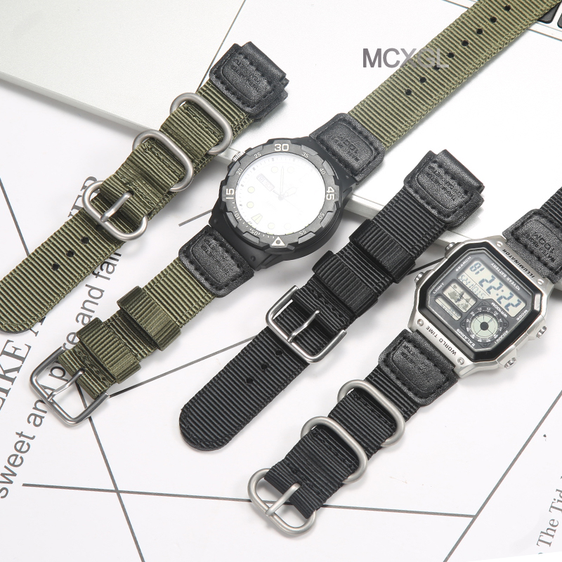 Luxury Watch Casio - 18 มม.สายนาฬิกาไนลอนสําหรับ Casio W800H ผู้ชายผ้าใบกีฬาสีดําสีเขียวสร้อยข้อมือ SGW300