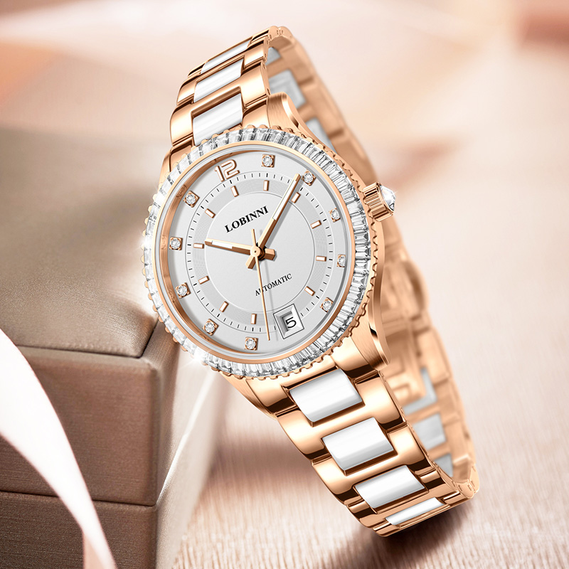 Luxury Watch In Japan - สวิตเซอร์แลนด์ LOBINNI นาฬิกาผู้หญิงหรูหราญี่ปุ่น MIYOTA อัตโนมัติกลไกแซฟไฟร์ไรน์สโตน ออโต้เดทนาฬิกากันน้ำ